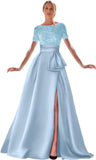 Kingbridal Gowns Short Sleeve Sequin Prom Dresses for Women 2026 Satin A-Line Sparkly Formal Evening Party Ball Gowns with Slit