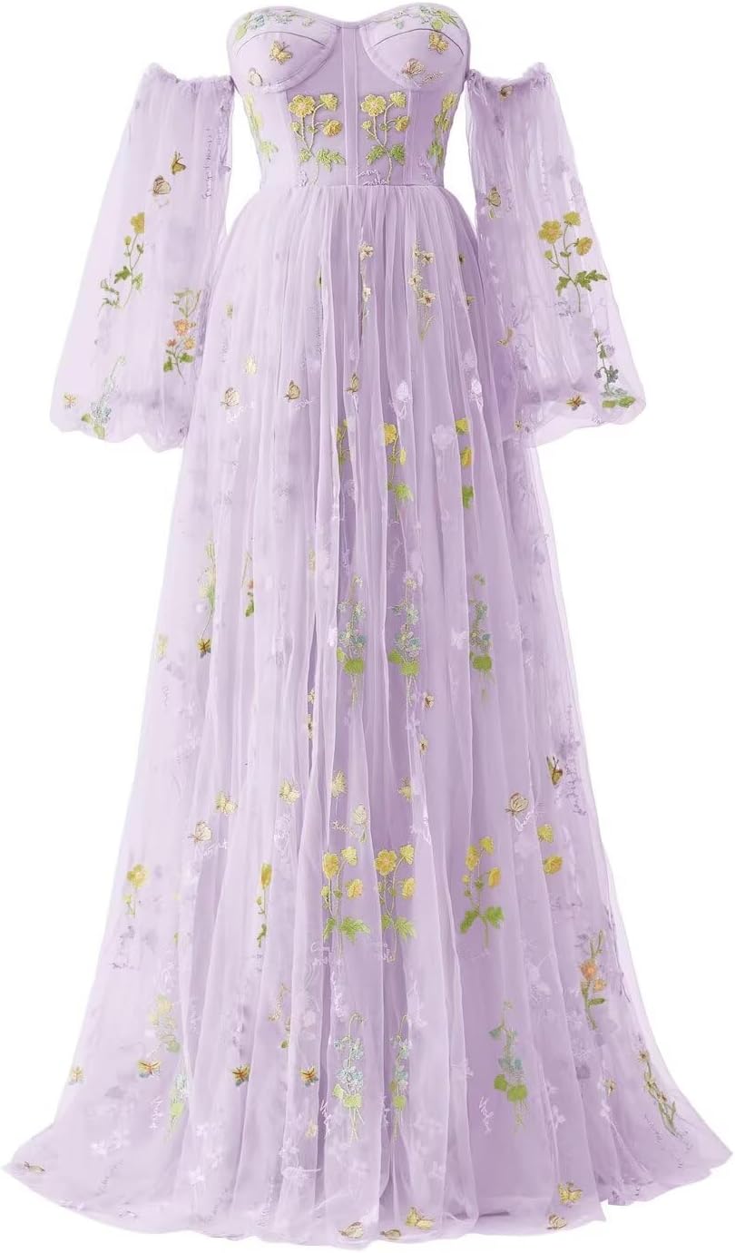 Vestidos de fiesta de tul con bordado de flores para mujer, 2024, largos, con hombros descubiertos, formales, para noche 