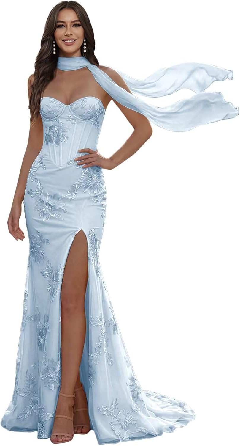 Floral Prom Dresses for Teens Strapless Mermaid Corset Tulle Formal Evening Gown with Slit Scarf