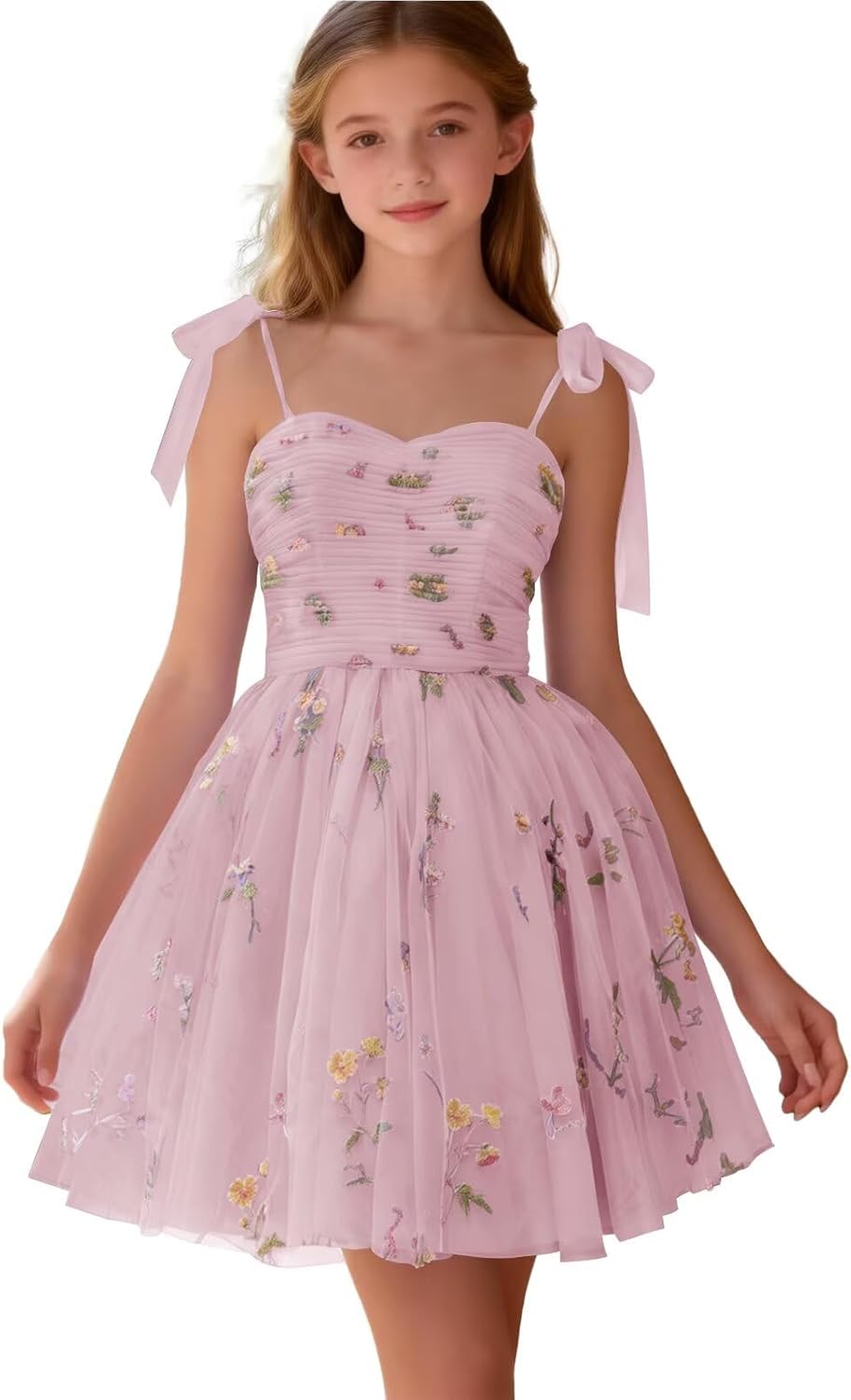 Floral Embroidery Junior Bridesmaid Dress Tulle Sweetheart Neck Girls Prom Dresses Fairy Short Formal Flower Girl Gown