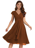 Short Chiffon Bridesmaid Dresses for Women V Neck Flutter Sleeves Ruffle Formal Cocktail Gowns with Pockets