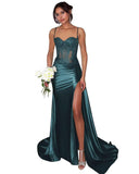 Lace Satin Prom Dresses for Women 2026 Long Mermaid Spaghetti Straps Corset Formal Evening Party Dress with Slit