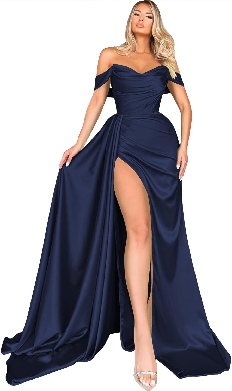 Women's Off Shoulder Mermaid Prom Dresses Long with Slit Pleates Wrap Satin Formal Evening Gowns
