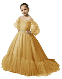 Puffy Sleeves Flower Girl Dress for Wedding Tulle Princess Pageant Dress Kids Prom Ball Gown with Belt