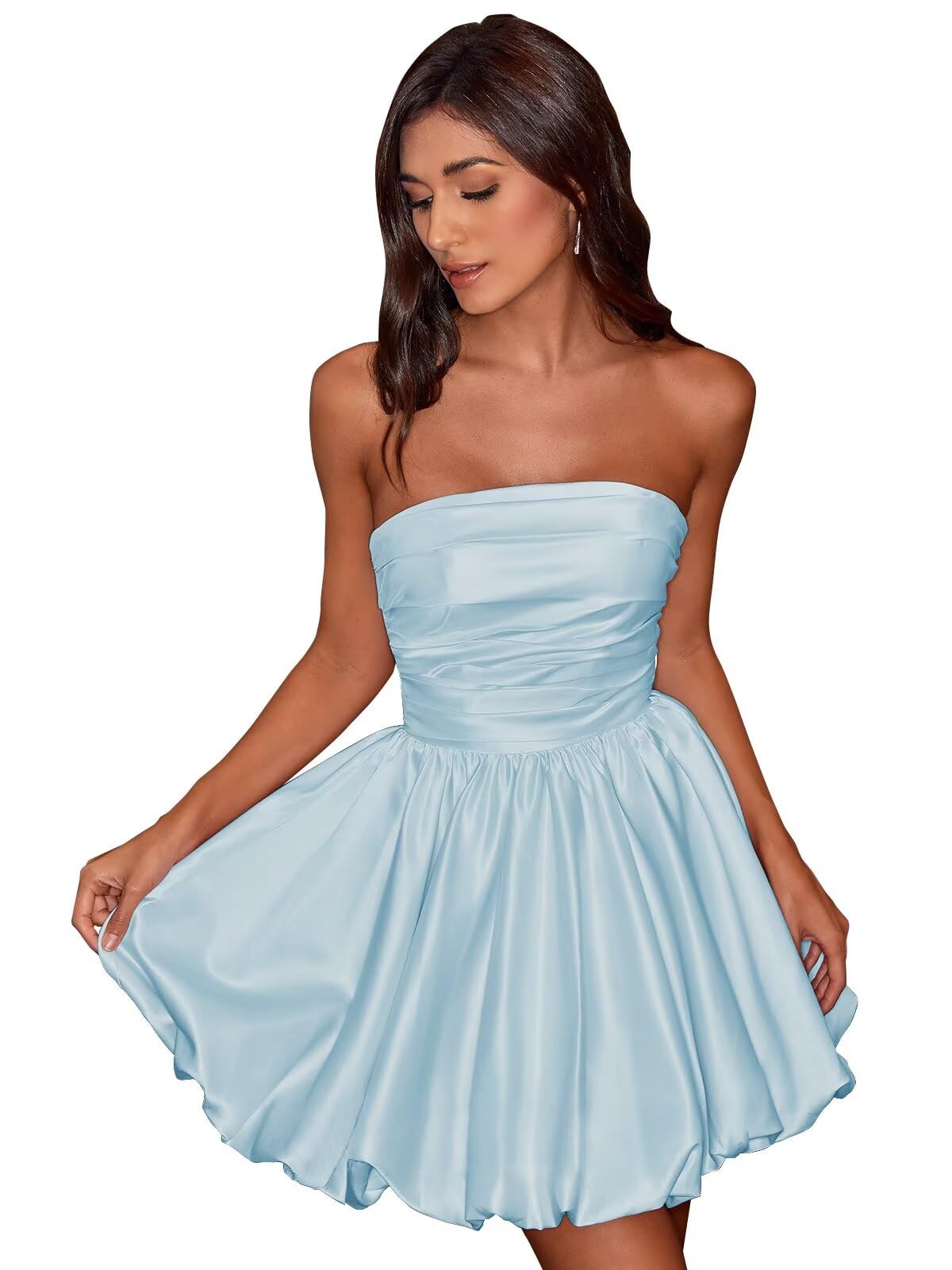 Short Satin A-Line Ruched Homecoming Dresses for Teens Strapless Ruched Mini Formal Cocktail Party Dress