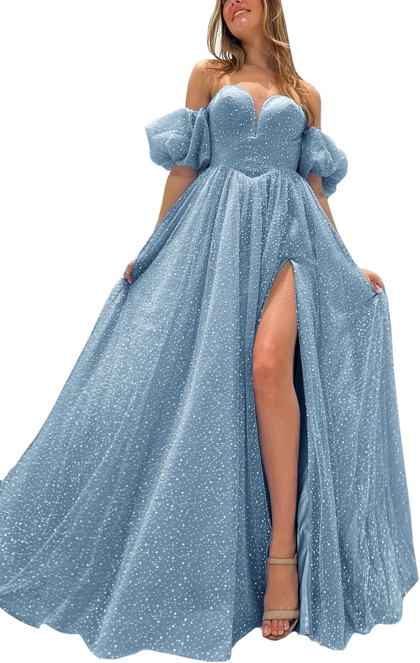 Tulle Prom Dresses for Women 2027 Sparkly Puffy Sleeves Long Ball Gowns with Slit A-Line Evening Dresses