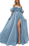 Tulle Prom Dresses for Women 2027 Sparkly Puffy Sleeves Long Ball Gowns with Slit A-Line Evening Dresses