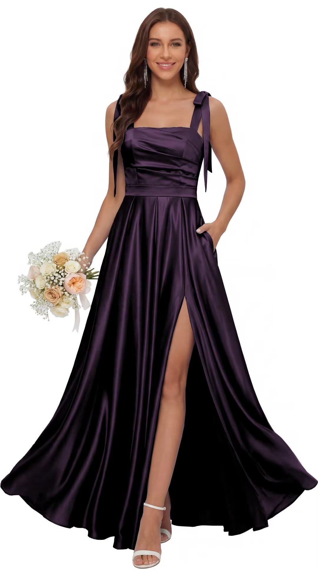 Satin Bridesmaid Dresses with Slit Spaghetti Straps Square Neck Long Formal Evening Dress