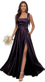 Satin Bridesmaid Dresses with Slit Spaghetti Straps Square Neck Long Formal Evening Dress