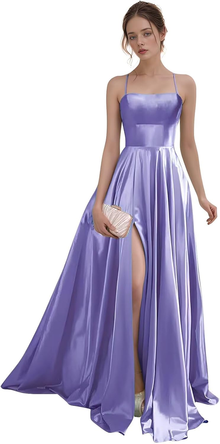 Women's Satin Prom Dresses with Slit Strapless A Line Corset Ball Gowns Spaghetti Straps Formal Evening Gowns with Pockets