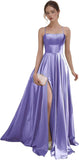 Women's Satin Prom Dresses with Slit Strapless A Line Corset Ball Gowns Spaghetti Straps Formal Evening Gowns with Pockets