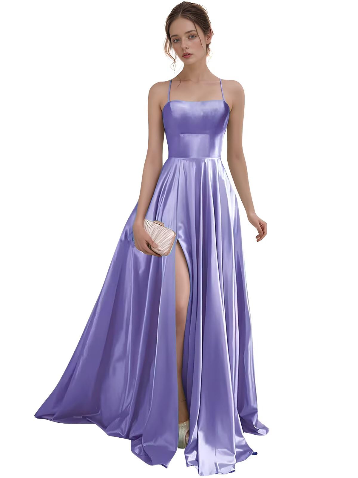 Women's Satin Prom Dresses with Slit Strapless A Line Corset Ball Gowns Spaghetti Straps Formal Evening Gowns with Pockets
