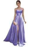 Women's Satin Prom Dresses with Slit Strapless A Line Corset Ball Gowns Spaghetti Straps Formal Evening Gowns with Pockets