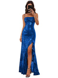 Spaghetti Straps Prom Dresses Long Glitter Sequin Formal Evening Party Dresses with Slit