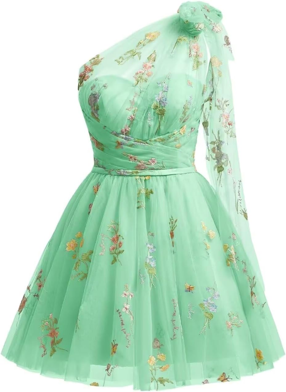 One Shoulder Homecoming Dresses for Teens Flower Embroidery Tulle Short Prom Dress A-Line Formal Party Ball Gowns