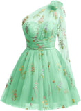 One Shoulder Homecoming Dresses for Teens Flower Embroidery Tulle Short Prom Dress A-Line Formal Party Ball Gowns