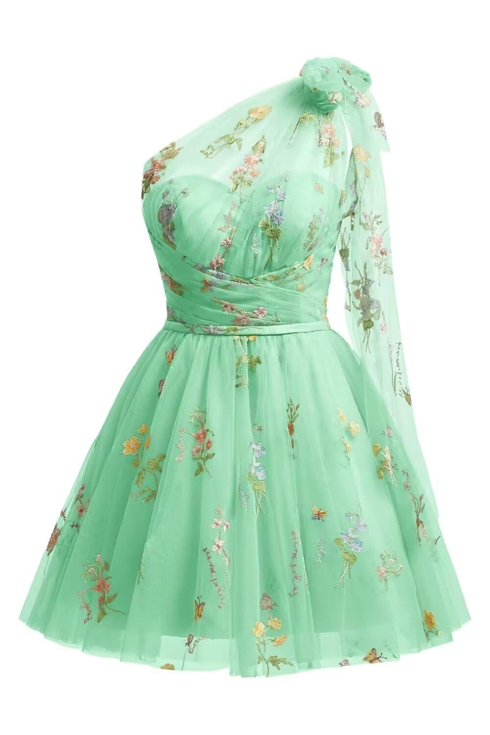 One Shoulder Homecoming Dresses for Teens Flower Embroidery Tulle Short Prom Dress A-Line Formal Party Ball Gowns