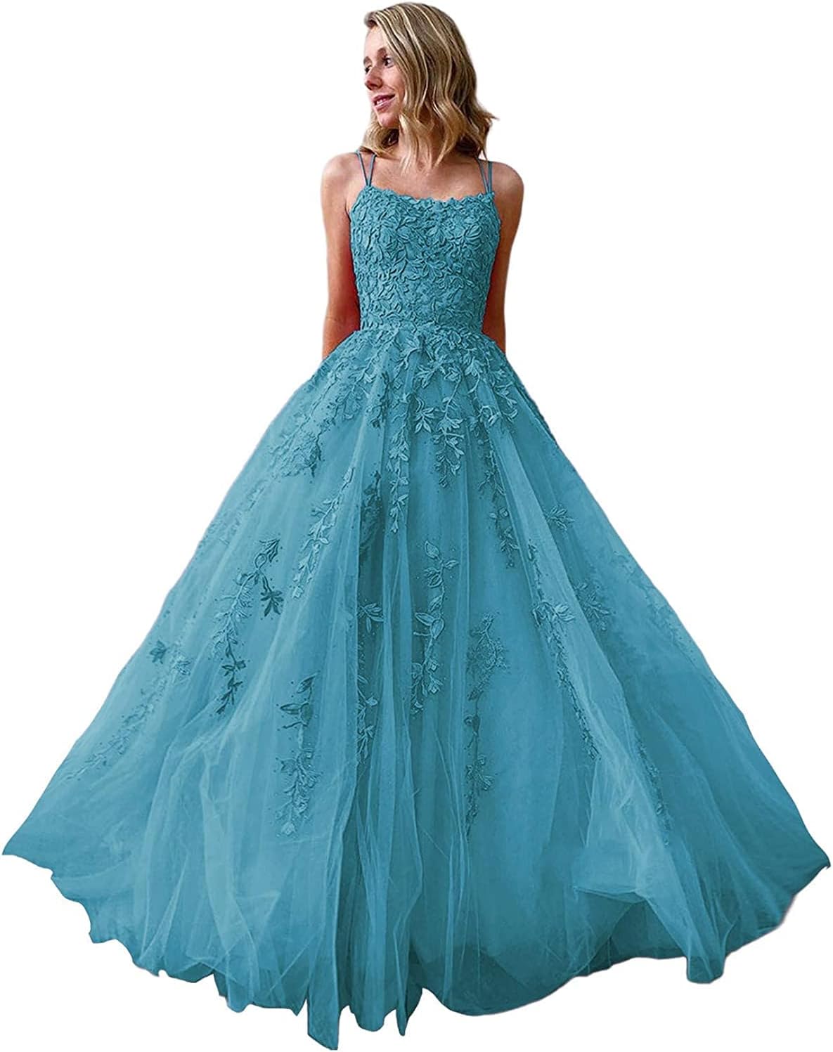 Ballkleider, langes Ballkleid für Damen, Spaghettiträger, Tüll, A-Linie, sexy, rückenfrei, formelle Partykleider mit Taschen 