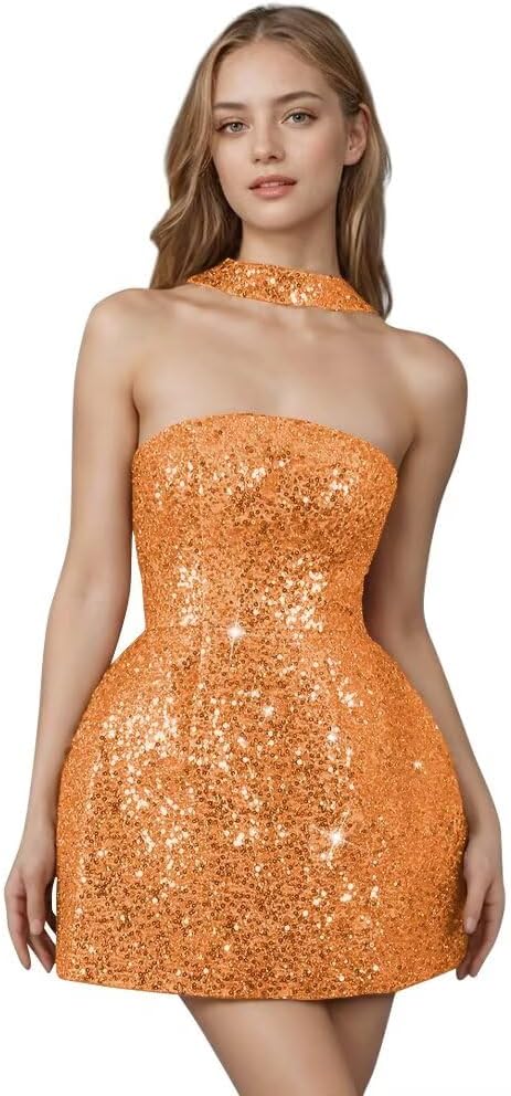 Strapless Sequin Homecoming Dresses for Teens Short Prom Dress Sparkly A-Line Cocktail Party Gowns with Pockets