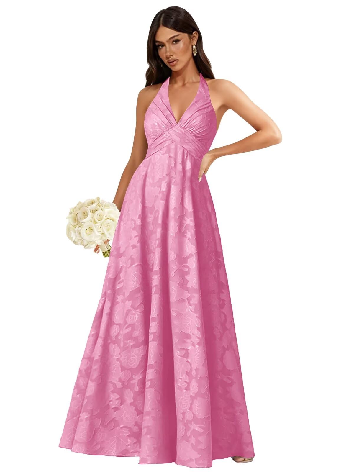 Floral Lace Bridesmaid Dresses for Women Long V Neck A-Line Open Back Halter Formal Evening Gown