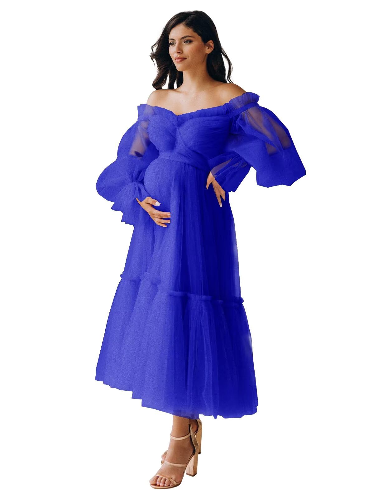Eightale Tulle Tea Length Maternity Dresses for Photo Shoot Long Sleeve Pregnancy Gown for Baby Shower