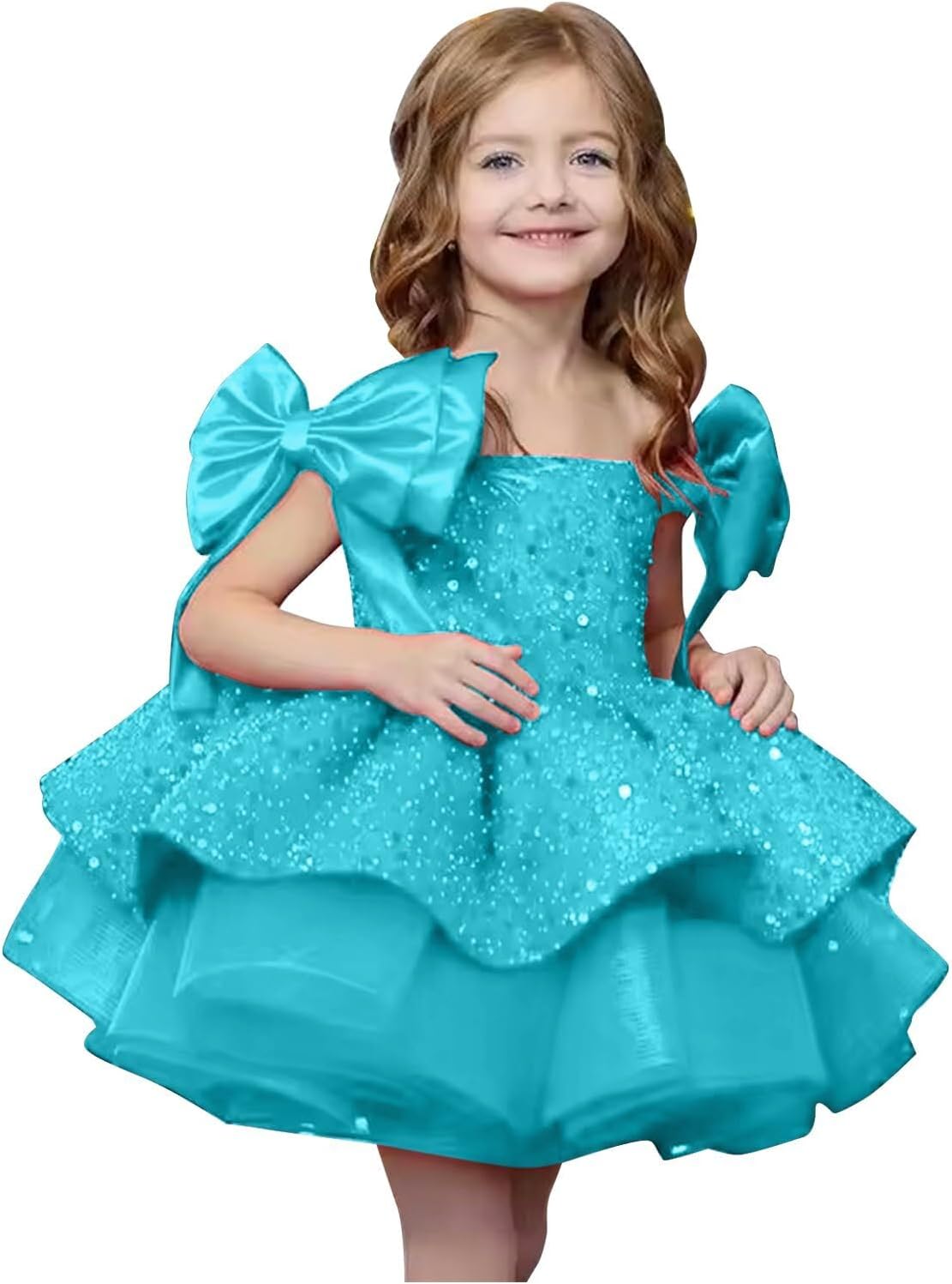 Sparkly Sequin Puffy Flower Dresses Short Girls A Line Princess Bow Knot Birthday Party Dress
