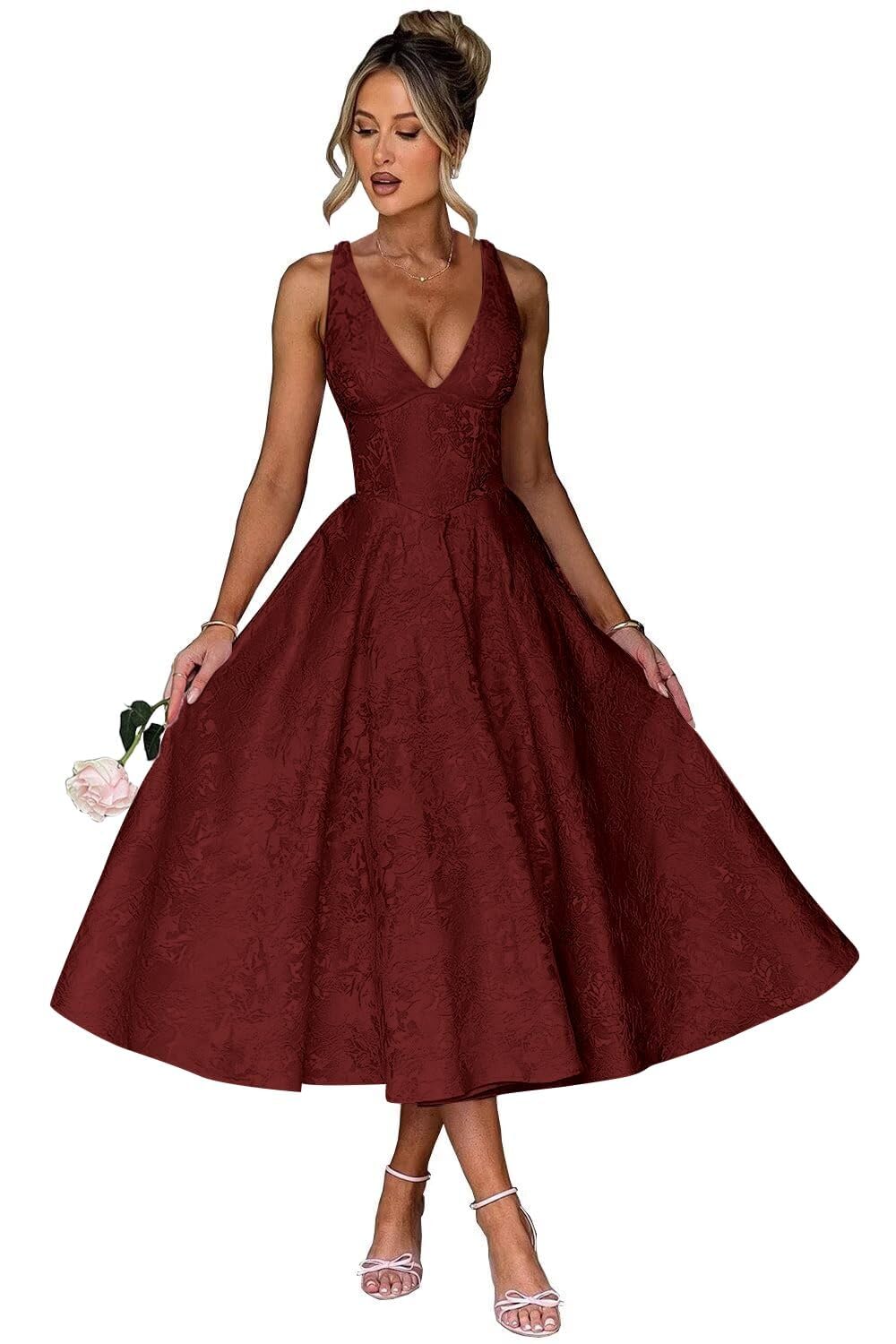 V Neck Tea Length Prom Dress for Women Satin Evening Party Gown A Line Cocktail Dress