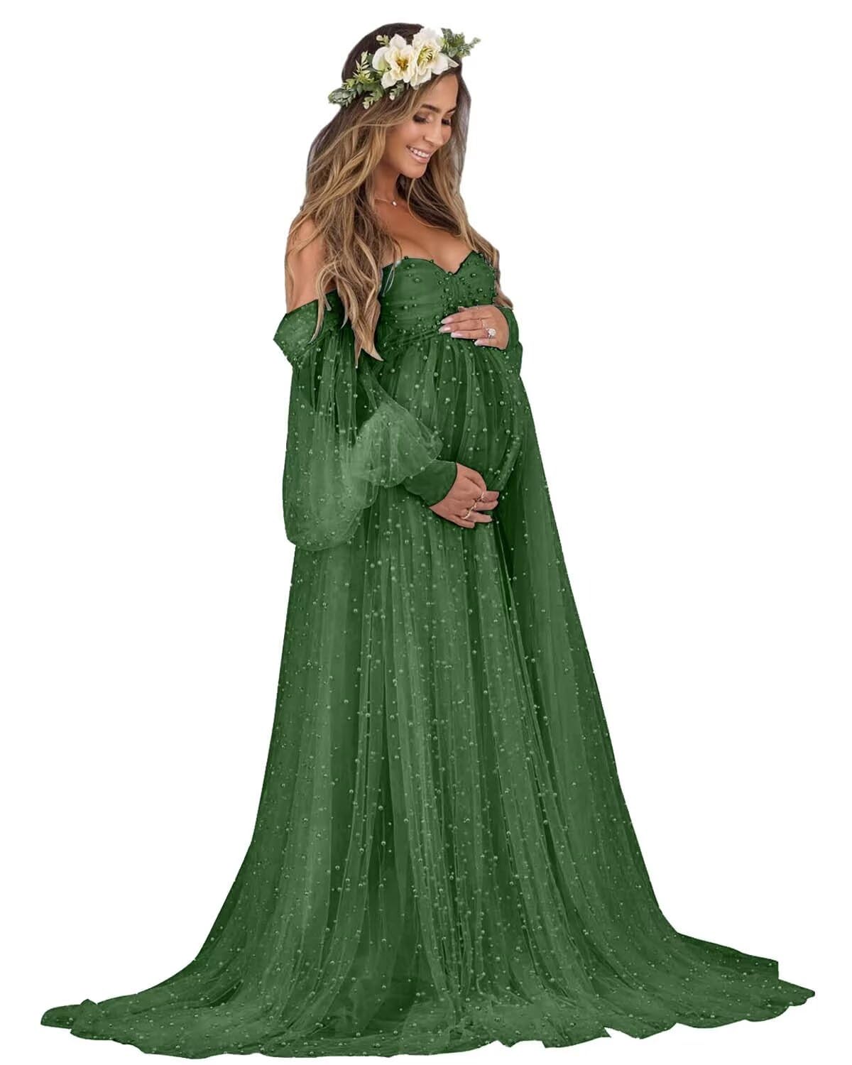 Kingbridal Pearl Tulle Maternity Dress for Photoshoot Long Puffy Sleeve Pregnancy Gown
