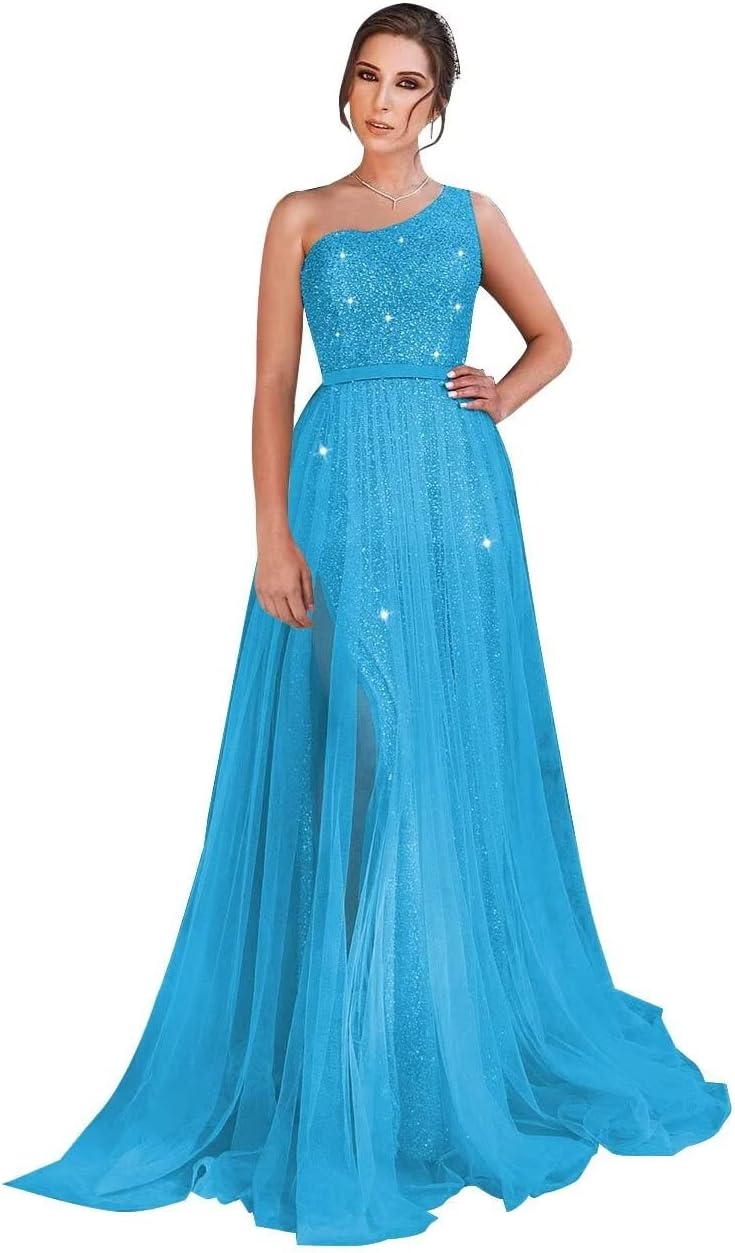One-Shoulder-Ballkleid mit Pailletten, formelle Kleider für Damen, funkelnde Abendkleider, Tüll-Ballkleid 