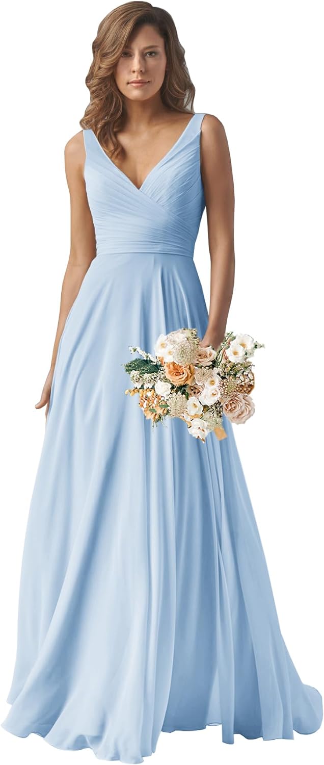 Chiffon Bridesmaid Dresses Long for Women A Line Ruched Formal Porm Evening Gowns