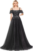 Off Shoulder Tulle Ball Gowns for Women Lace Appliques Beaded Prom Dress Sparkly Long A-line Evening Gowns
