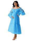 Eightale Tulle Tea Length Maternity Dresses for Photo Shoot Long Sleeve Pregnancy Gown for Baby Shower
