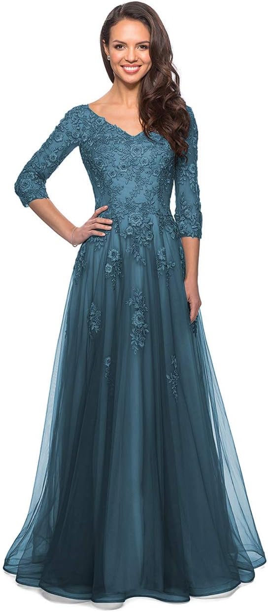 Women's Floral Lace Appliques 3/4 Sleeve Mother of The Bride Dresses Long V Neck Formal Dresses with Pockets