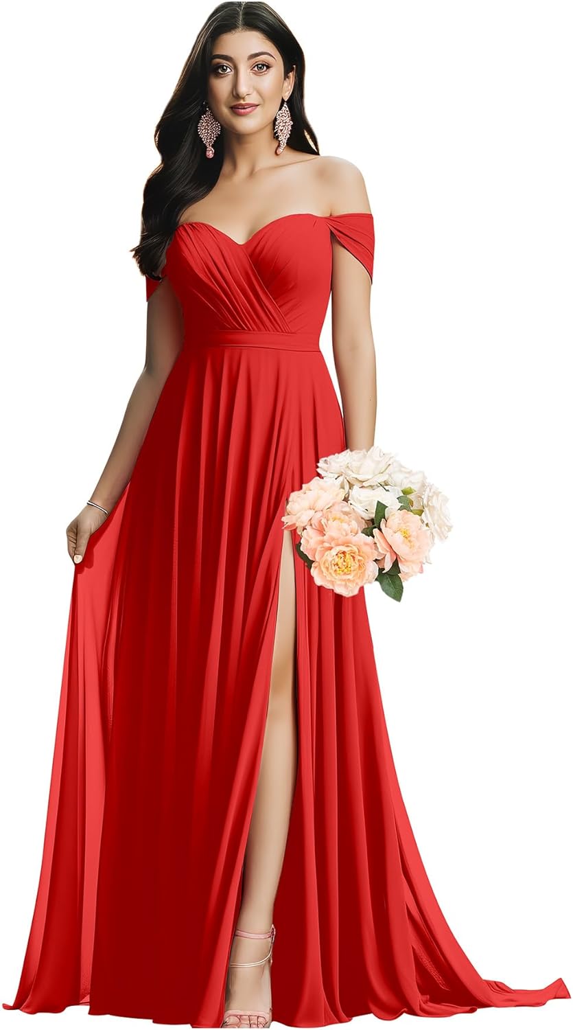 Schulterfreies Brautjungfernkleid für die Hochzeit, gerüschtes Chiffon-Split-Abendkleid mit Taschen 