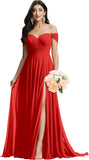 Schulterfreies Brautjungfernkleid für die Hochzeit, gerüschtes Chiffon-Split-Abendkleid mit Taschen 