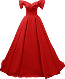 Off Shoulder Satin Prom Dresses for Women V-Neck Elegant A-Line Long Pleated Formal Evening Gown