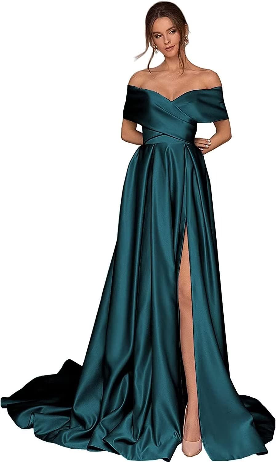 Women's Off Shoulder Long Prom Dresses with Slit 2025 Satin A-Line Sweetheart Corset Formal Evening Dresses with Pockets