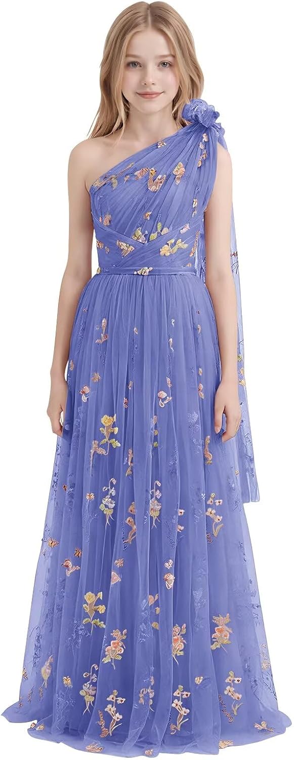 One Shoulder Long Tulle Junior Bridesmaid Dresses for Wedding Flower Girl Dress Formal Prom Gown