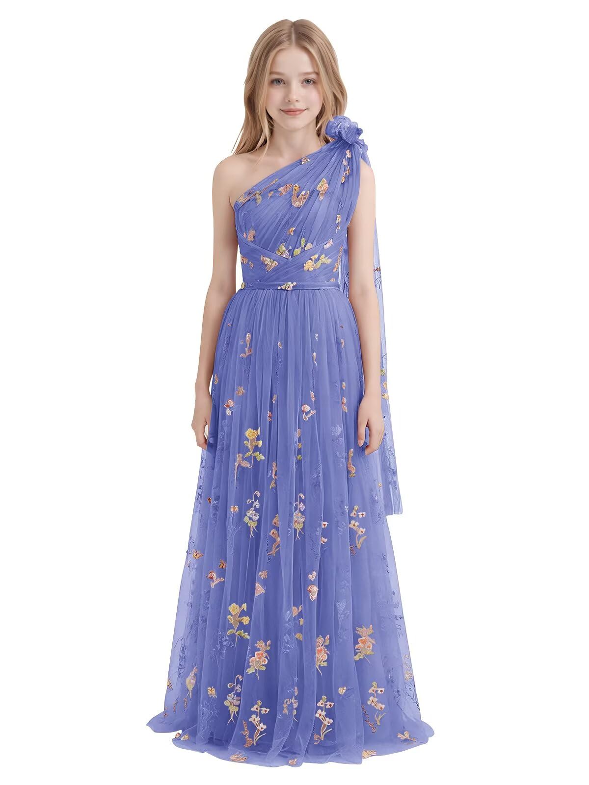 One Shoulder Long Tulle Junior Bridesmaid Dresses for Wedding Flower Girl Dress Formal Prom Gown