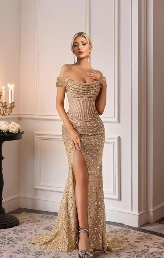 Mermaid Prom Dresses for Women 2027 Off Shoulder Sequin Formal Dress with Slit Sparkly Pleated Evening Party Gowns