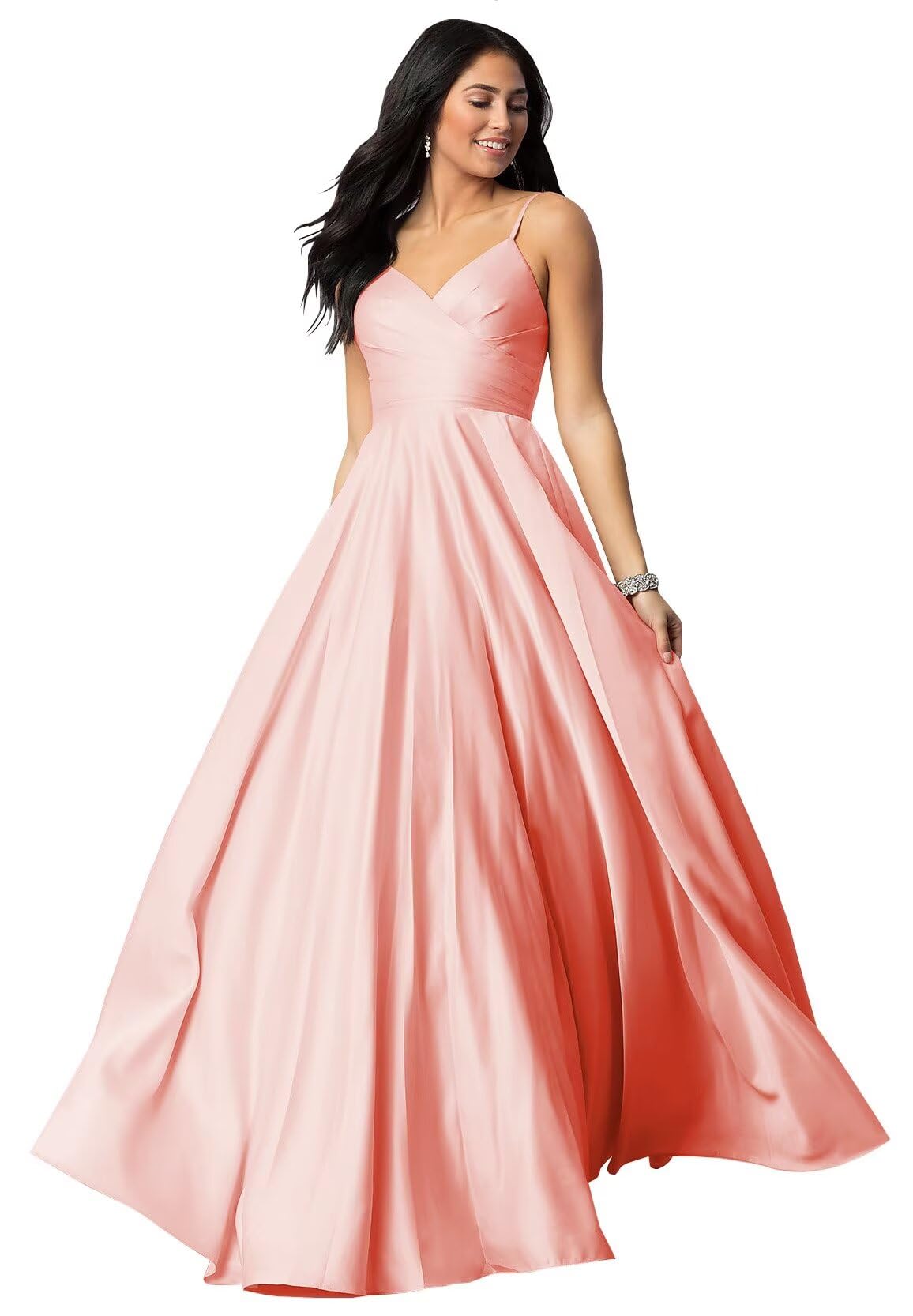 Spaghetti Straps Satin Prom Dresses for Women Long with Pockets Pleated Formal Evening Gowns