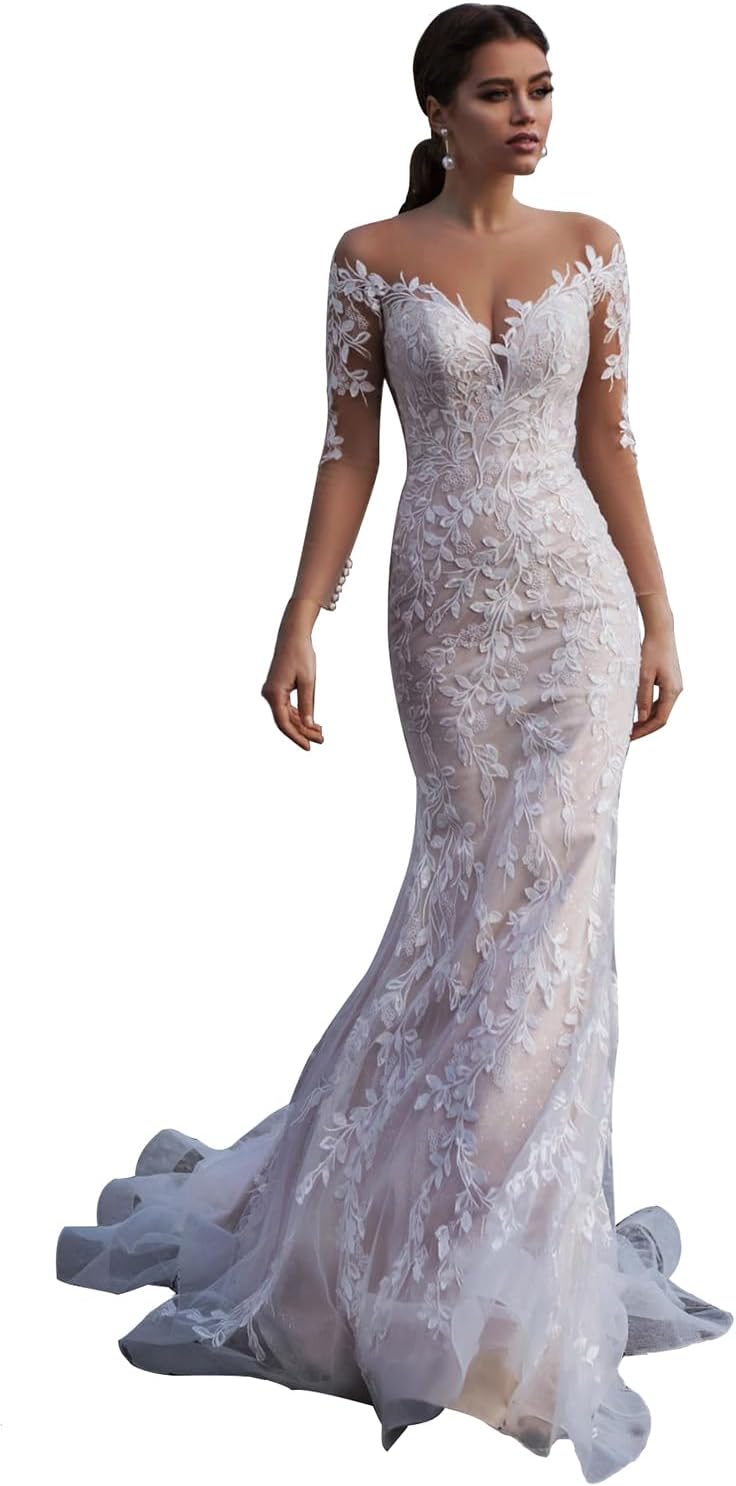 Vestidos de novia bohemios de encaje de manga larga para playa 2026 