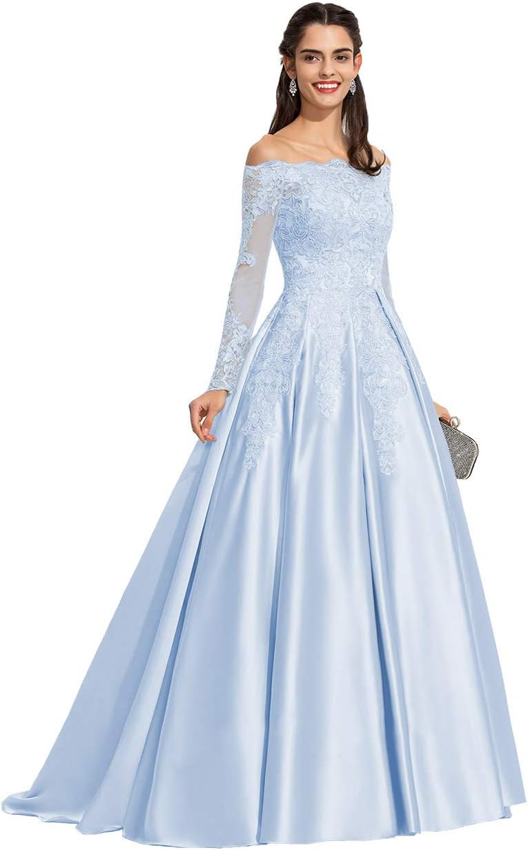 Vestidos de fiesta formales de satén con apliques de encaje y hombros descubiertos para mujer, con mangas largas