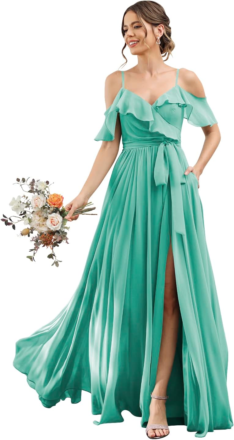 Women's Bridesmaid Dresses with Slit Long Cold Shoulder Chiffon Formal Party Dress with Pockets