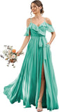 Women's Bridesmaid Dresses with Slit Long Cold Shoulder Chiffon Formal Party Dress with Pockets
