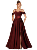 Off Shoulder Lace Applique Prom Dress with Slit A Line Ball Gown Pleated Corset Long Formal Evening Dresses