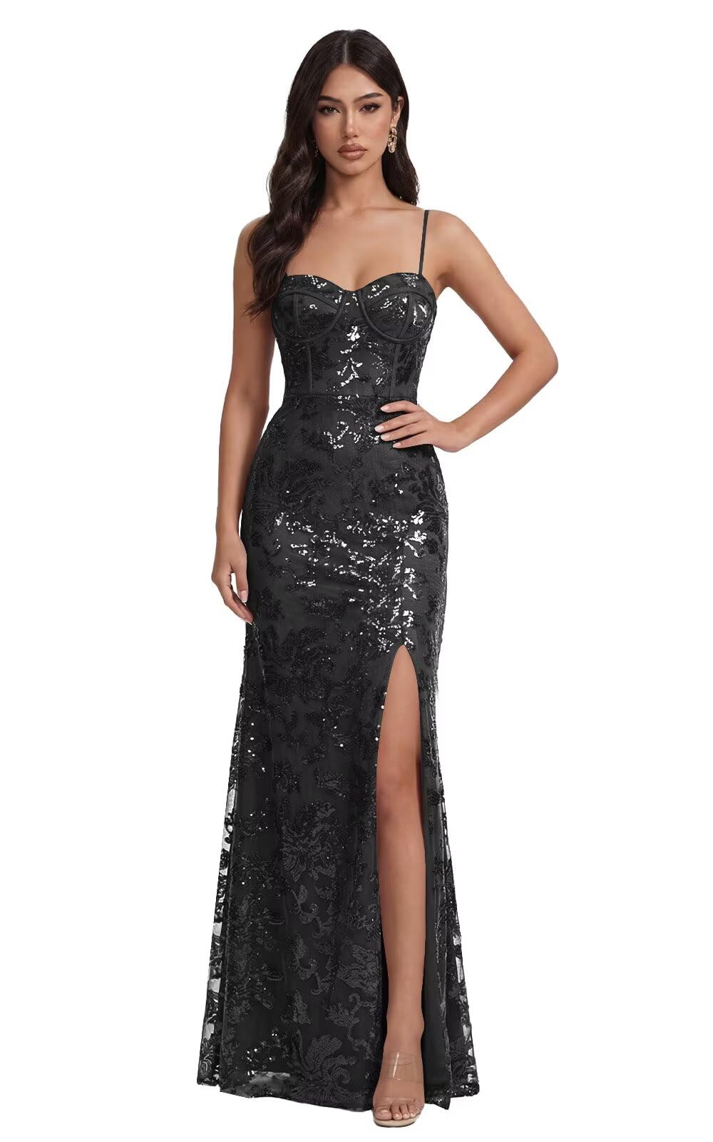 Mermaid Sequin Lace Prom Dresses Long for Women 2026 Spaghetti Straps Corset Formal Evening Party Gown with Slit