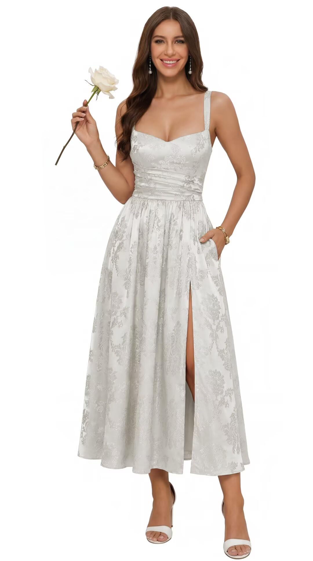 Jacquard Satin Bridesmaid Dresses for Women Spaghetti Straps A Line Tea Length Formal Evening Dress