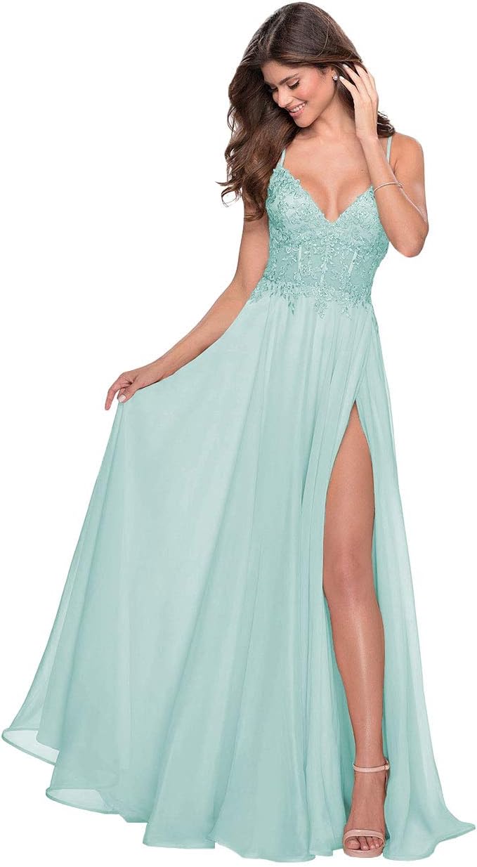 Women's Lace Appliqued Chiffon Prom Dresses Long with Slit Spaghetti Straps V Neck Formal Party Gowns