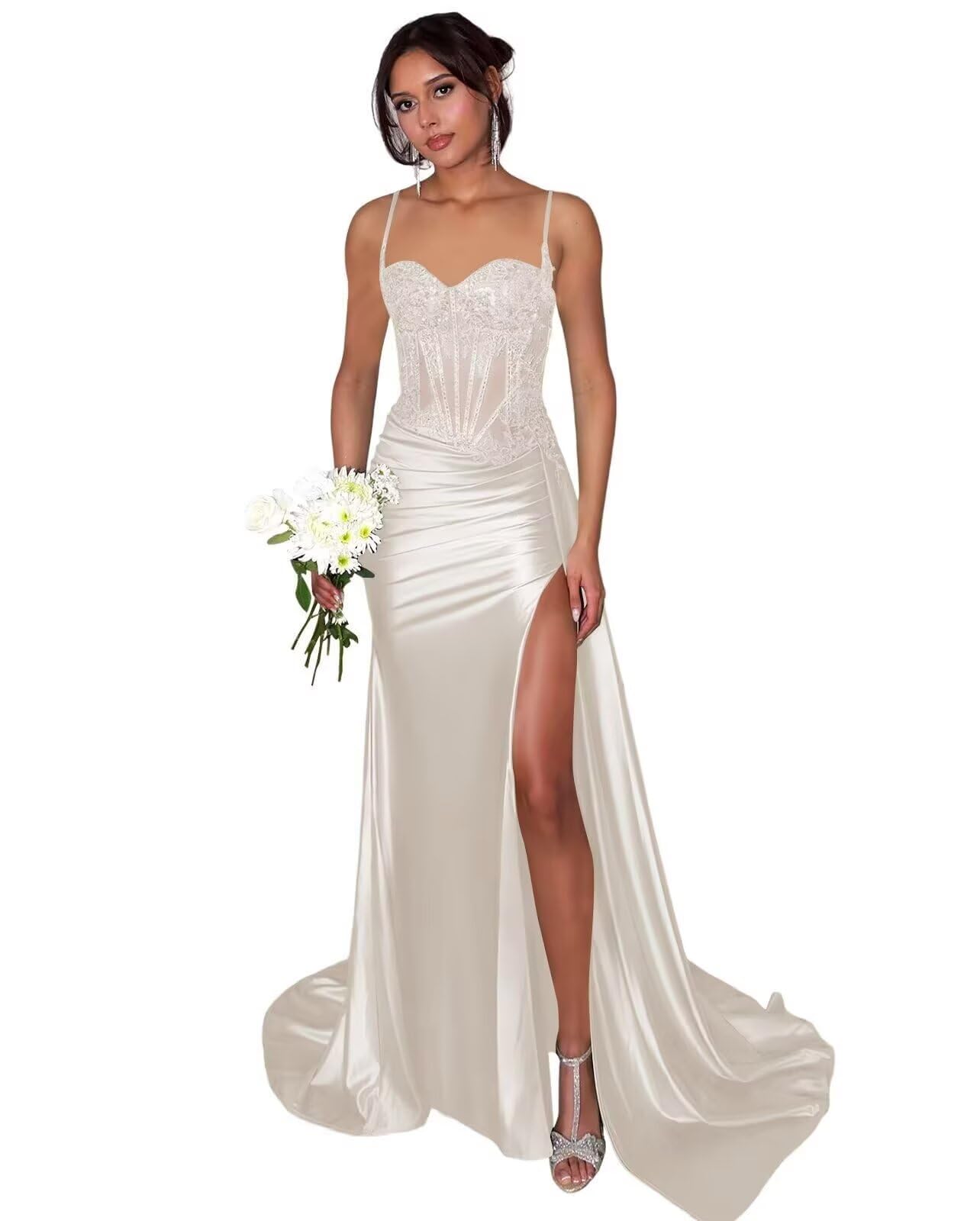 Lace Satin Prom Dresses for Women 2026 Long Mermaid Spaghetti Straps Corset Formal Evening Party Dress with Slit